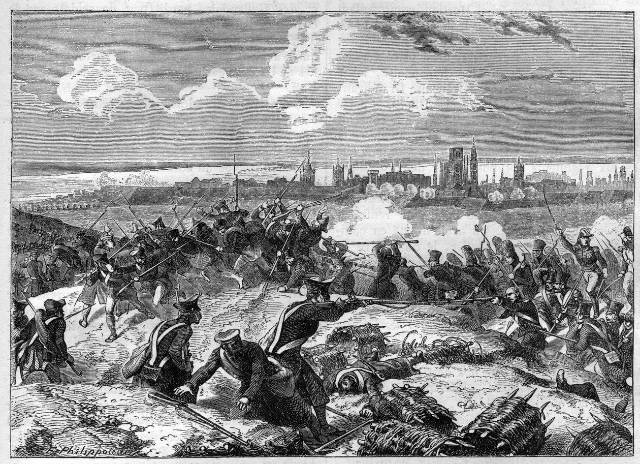 Belejringen af ​​Danzig (1807) under kommando af marskal Pierre Joseph Lefebvre (1755-1820) - fra ""History of the empire following the history of the consulat"" af Adolphe Thiers -1879 - privat samling af French School