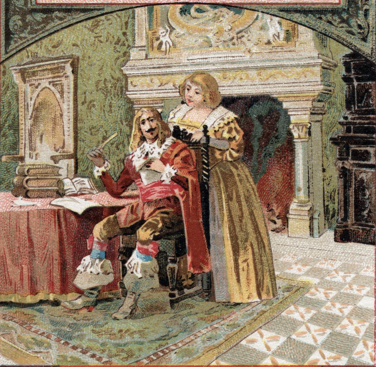 Sire of Beringhen og Madame du Fargis planlagde mod Richelieu (Armand Jean du Plessis, kardinal af Richelieu (1585-1642), minister for Ludvig XIII, på Chateau of Azay-le-Rideau (Azay le Rideau) (Indre-et- Loire). Kromolitografi af slutningen af det 19 af French School