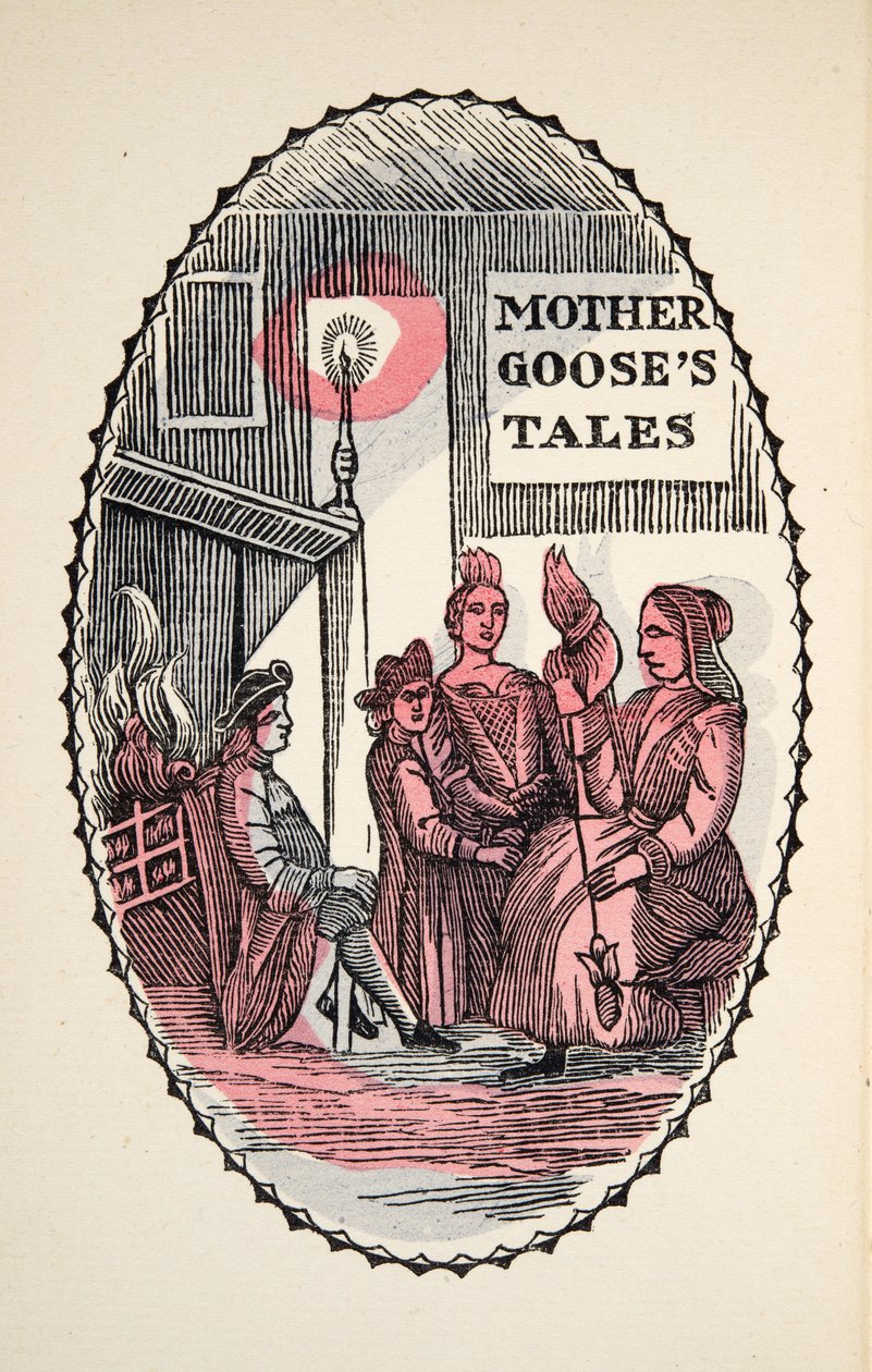 Tornerose i skoven, fra Histories or Tales of Tales of Past Times told by Mother Goose, With Morals, af M Perrault, pub. 1925 (håndkoloreret træsnit) af French School