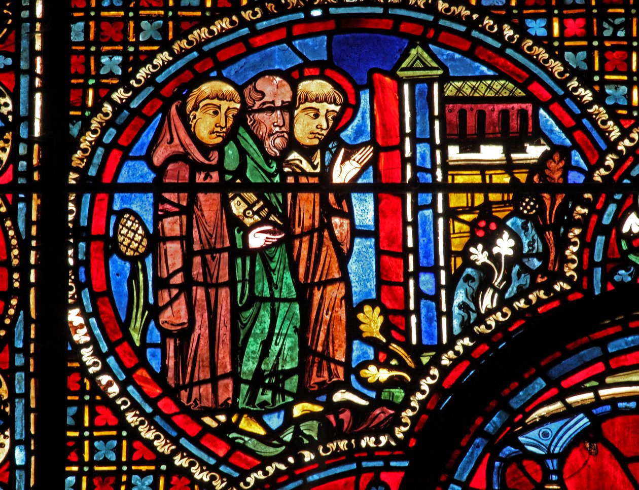 St Lubin-vinduet: han ankommer til en kirke med to munke (w45) af French School