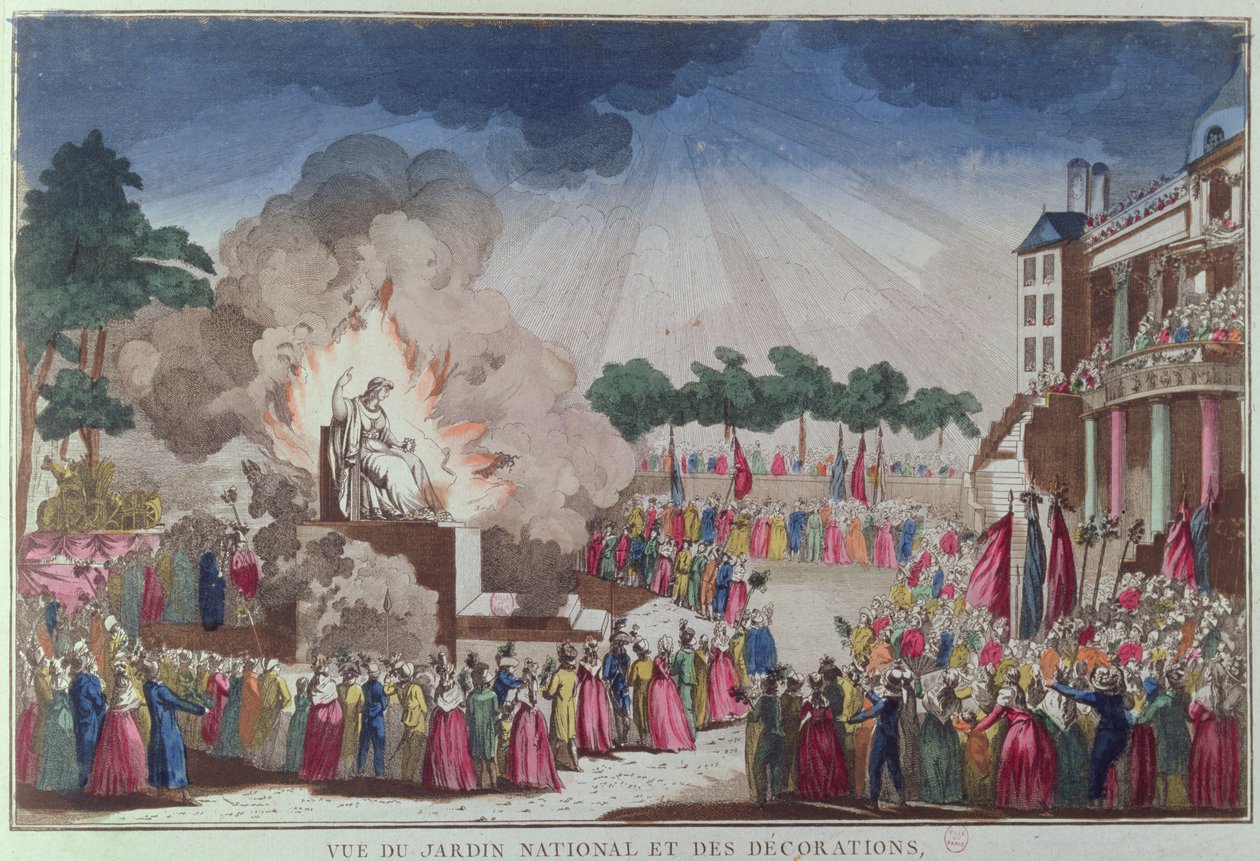 Ateismens statue bliver ødelagt og erstattet med visdomsstatuen ved festivalen for det højeste væsen, Jardin National des Decorations, Paris, 8. juli 1794 af French School
