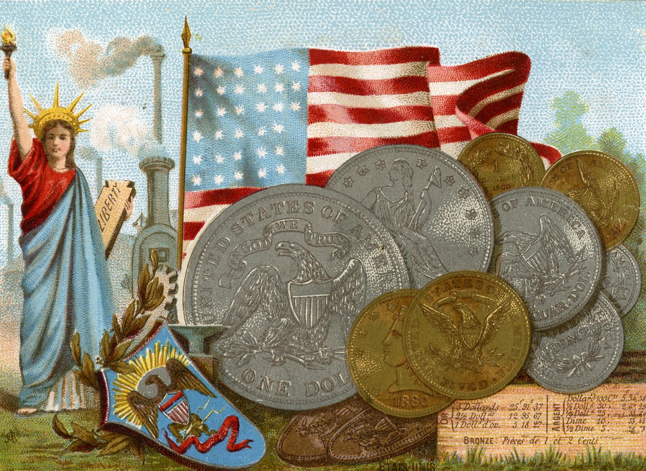 Frihedsgudinden ved siden af en fabriksskorsten, det amerikanske flag og en udstilling af dollars, ca. 1890 af French School