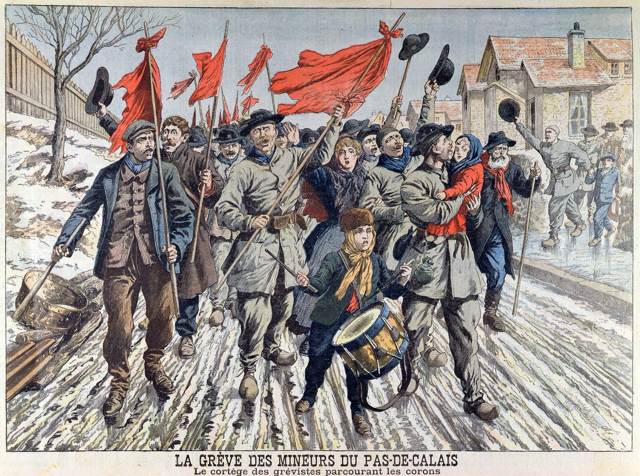 Minearbejdernes strejke i Pas-de-Calais, de strejkendes procession i minelandsbyen, fra Le Petit Journal, 1. april 1906 (farvegravering) af French School