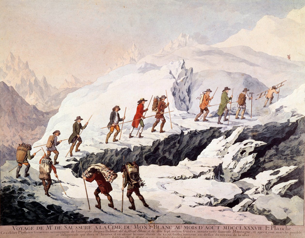 Den schweiziske naturforsker Horace Benedict (Horace-Benedict) af Saussure (1740-1799) og den franske bjergguide Jacques Balmat foretog den anden bestigning af Mont Blanc i august 1787. af French School