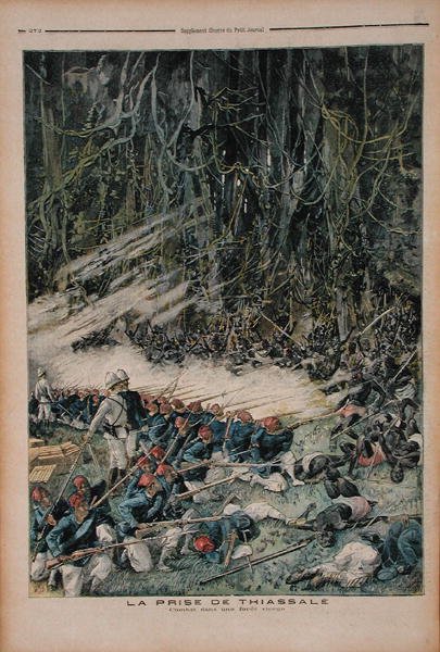 The Take of Thiassale, the Battle in the Virgin Rain Forest, illustration fra Le Petit Journal, 26. august 1893 af French School