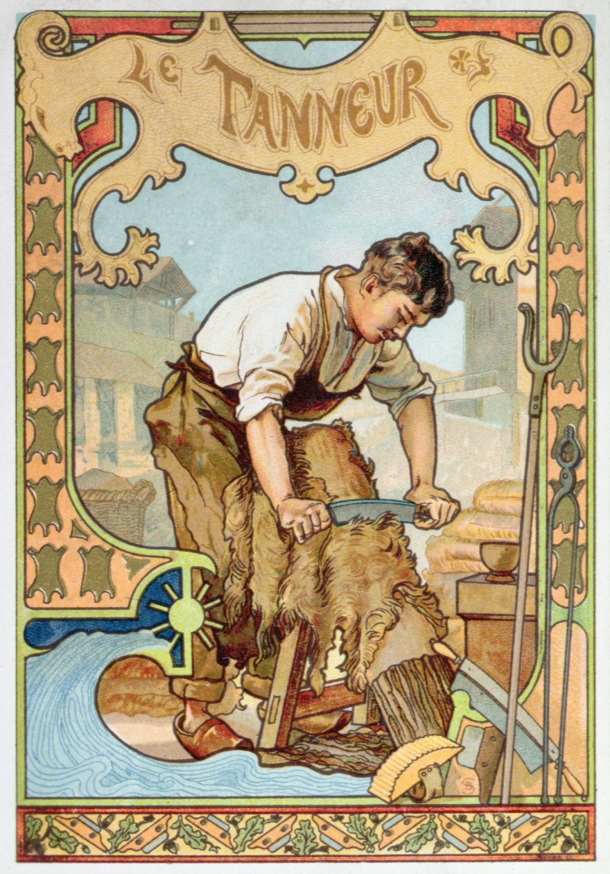 The Tanner, illustration fra en bog om kunsthåndværk, ca. 1899 (farve litho) af French School