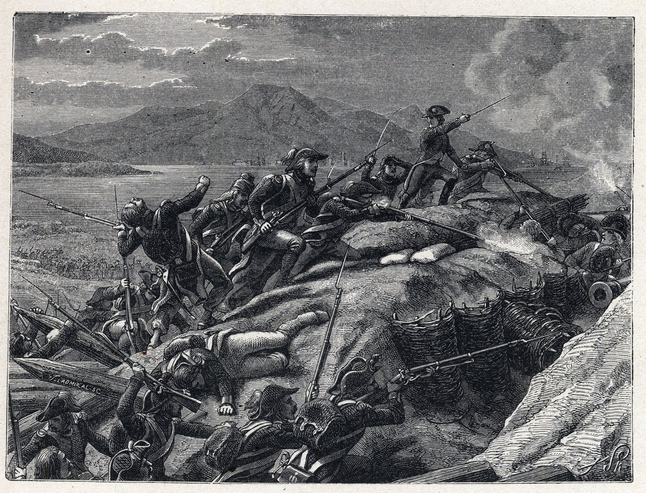 Terroren under den franske revolution: belejringen af Toulon fra september til december 1793 af kaptajn Napoleon Bonapartes tropper mod byen allieret med de engelske styrker. af French School
