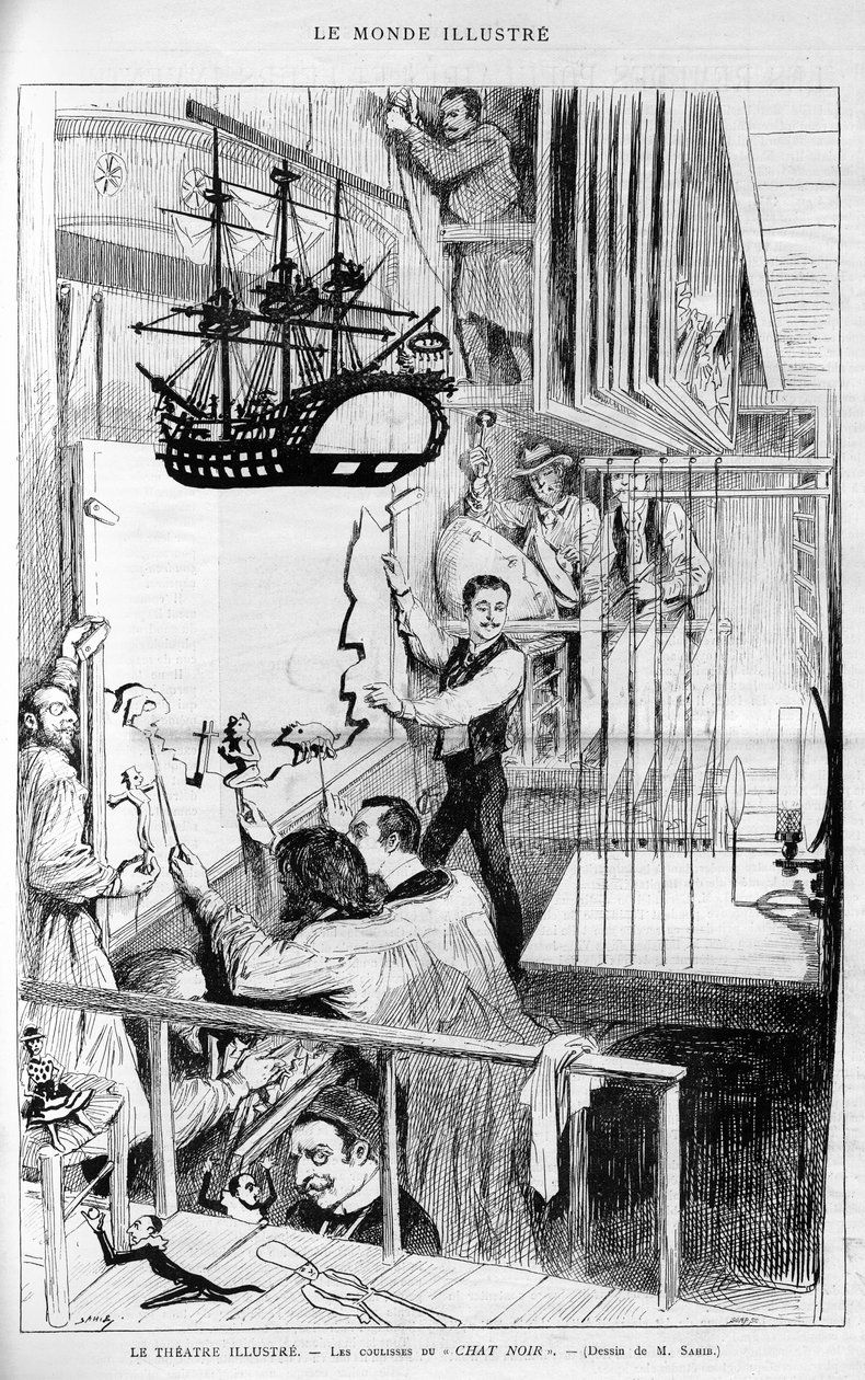 Teatret illustrerer: bag kulisserne i "Chat noir". Indgravering i "Le monde illustrious", "" 1888. af French School