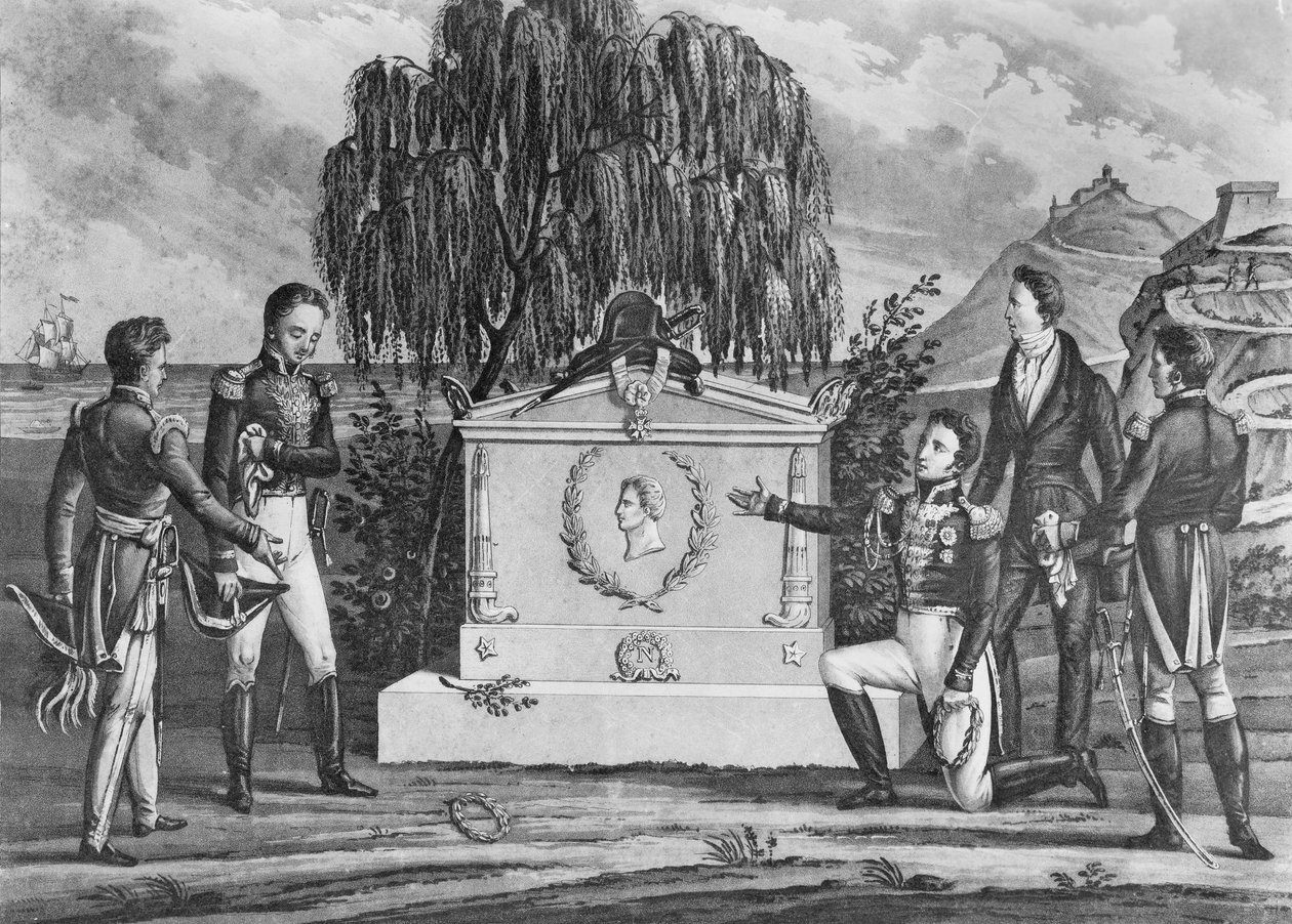 Napoleon Bonapartes grav (1769-1821) på St. Helena, 1821 (litho) (bw foto) af French School