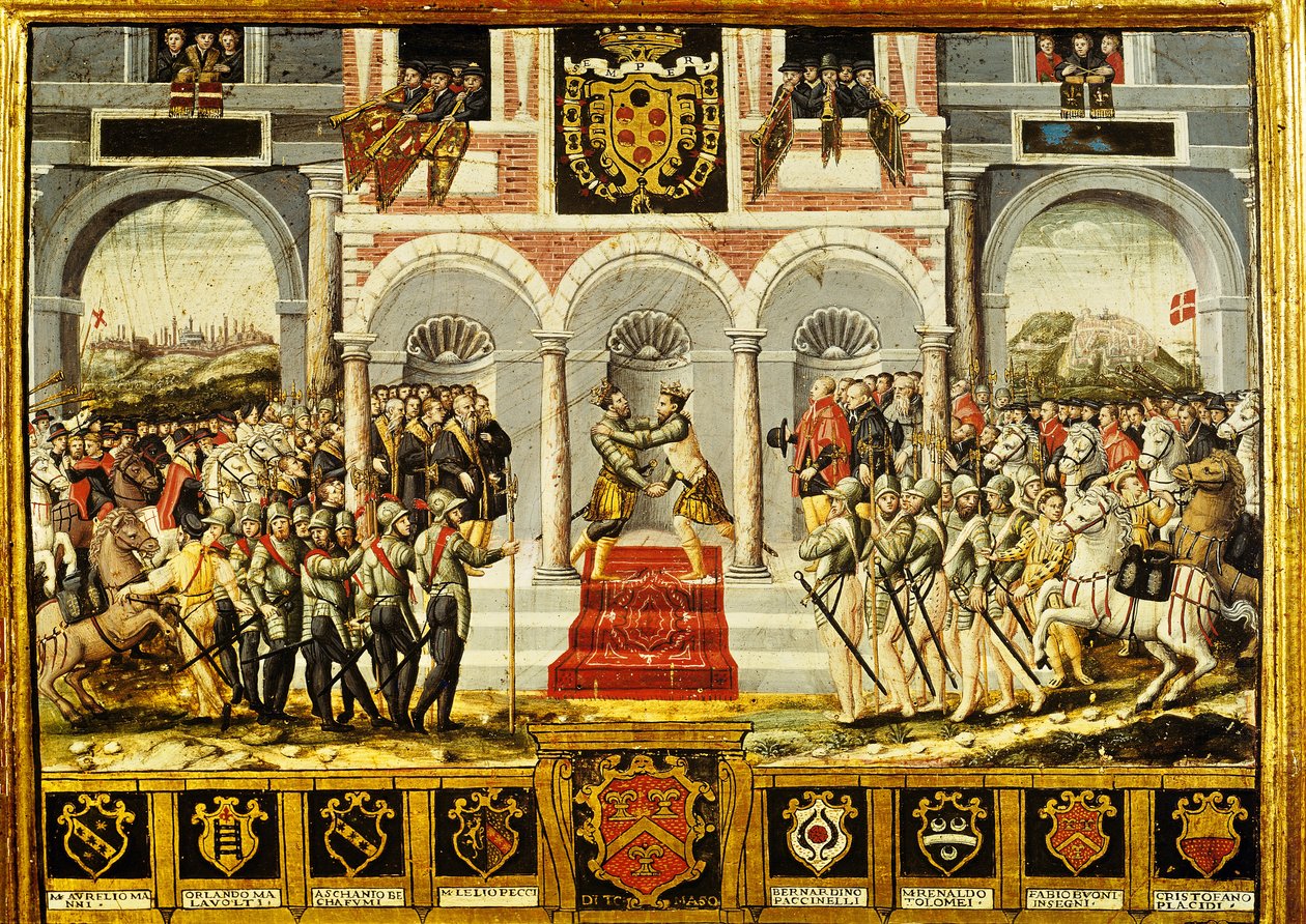Cateau-Cambresis-traktaten og omfavnelsen af Henri II (1519-59) af Frankrig og Filip II (1527-98) af Spanien, 2.-3. april 1559 af French School