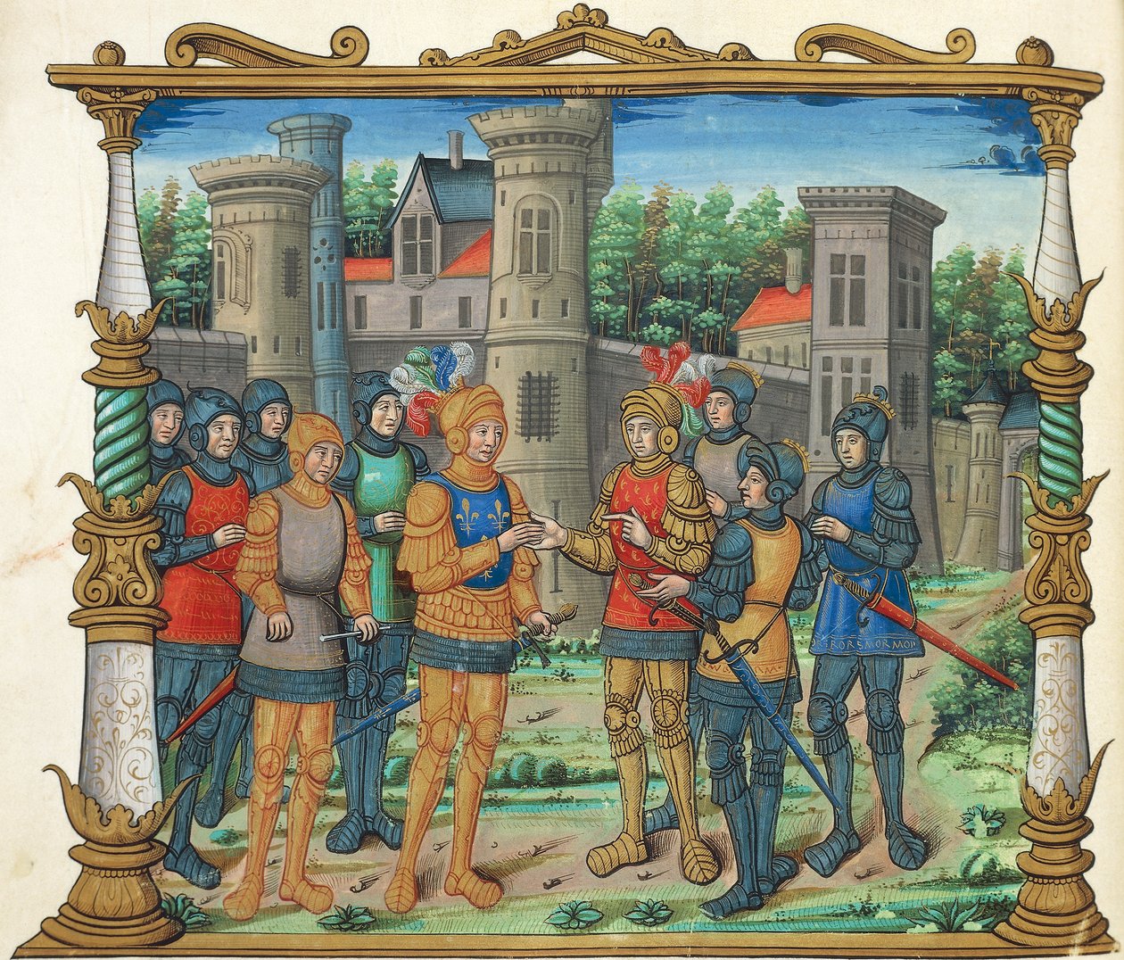 Conflans-traktaten (Conflans-freden) mellem Ludvig XI og hertugen af Bourgogne, miniature fra Memoires af Philippe de Commines, manuskript folio 32 verso, Frankrig 16. århundrede. af French School