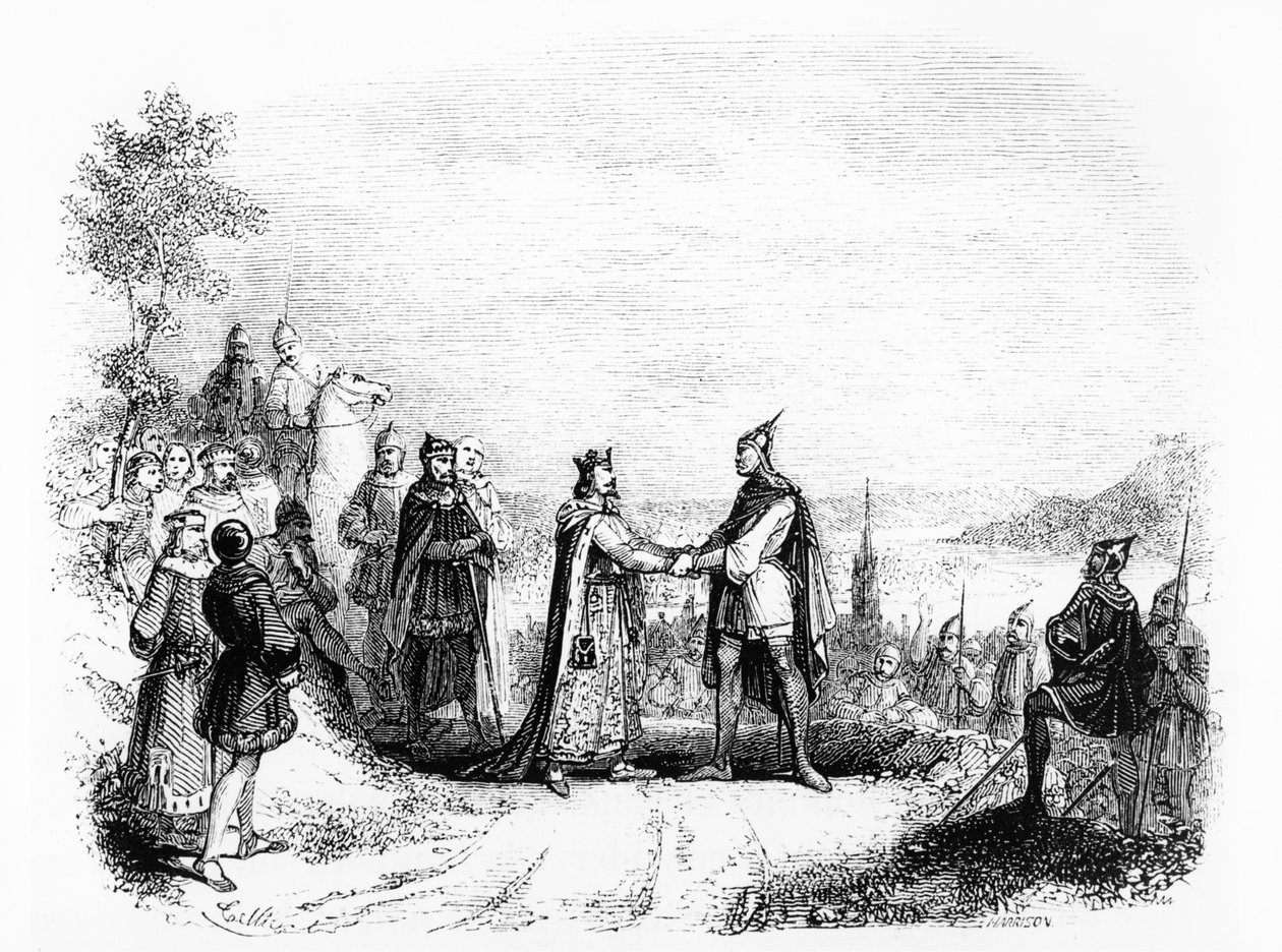 Traktaten i Saint Clair-sur-Epte mellem Charles III Den Enfoldige (879-929) Kongen af Frankrig (898-923) og Rollo Vikingen i 911 af French School