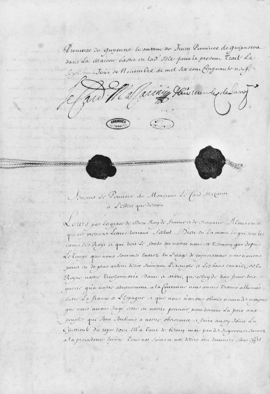 Pyrenæernes traktat, underskrevet af kardinal Jules Mazarin (1602-61) og Don Luis Mendez de Haro (1598-1661) 7. november 1659 af French School
