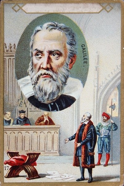Retssagen mod Galileo Galilei (1564-1642) i 1633 (farve litho) af French School