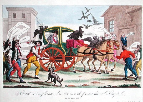 Rovfuglenes triumferende indtog i hovedstaden, karikatur af Napoleons (1769-1821) tilbagevenden til Paris, 20. marts 1815 (farvestik) af French School