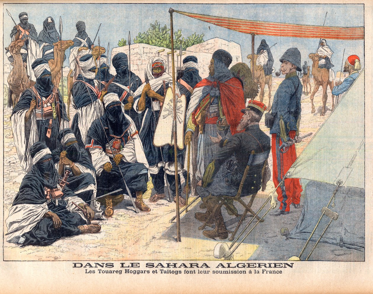 Tuaregs Hoggar og Taitogs underkaster sig engelsk styre i det algeriske Sahara. I det algeriske Sahara. Touareg Hoggars og Taitogs indsender deres indlæg til Frankrig. Illustration til Le petit Journal, 26. november 1905. af French School