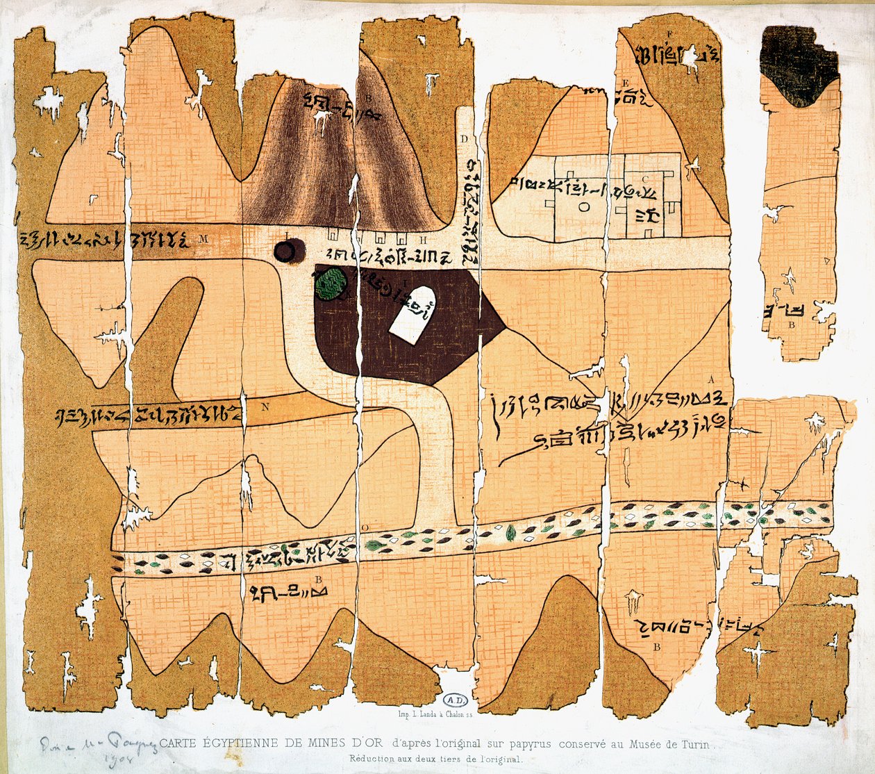 Torino-papyrusen, reproduktion af et gammelt egyptisk kort over guldminer baseret på en original papyrus fra ca. 1300 f.Kr. bevaret i Museo Egizio i Torino af French School