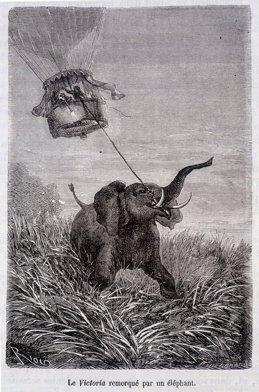 Victoria trukket af en elefant - i "Fem uger i ballon", roman af Jules Verne af French School