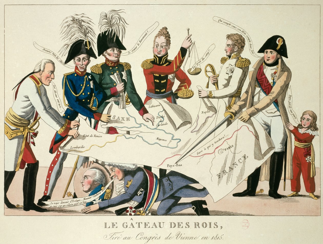 Wienerkongressen den 22/06/1815: kongers kage. Det genforenede de otte verdensmagter og søgte at omdefinere grænserne efter Napoleon I