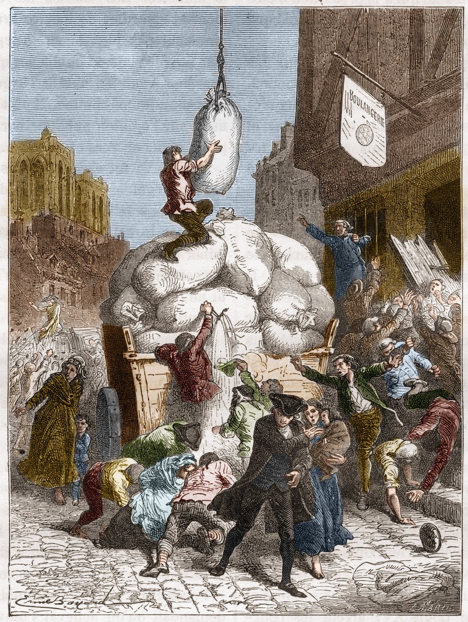 The War of Flours: Plyndring af bagerier i Paris, omkring 1775 (den første af den franske revolution) (gravering) af French School