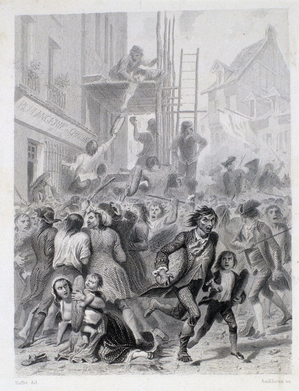 Melkrigen: oprør foran et bageri i maj 1775 (de første frugter af den franske revolution) af French School