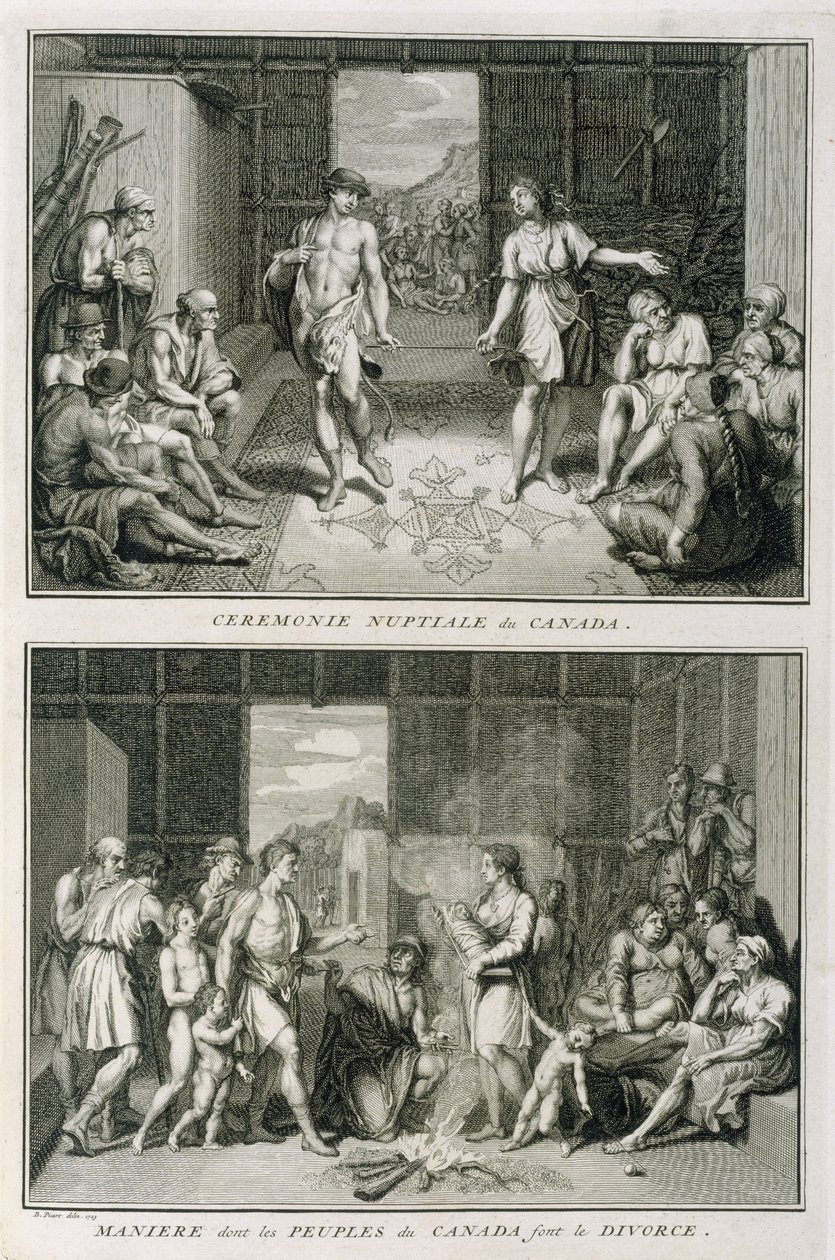 Bryllupsceremonien og skilsmissemåden i Canada, illustration fra religiøse ceremonier og skikke, indgraveret af Bernard Picart (1673-1733) 1723 af French School