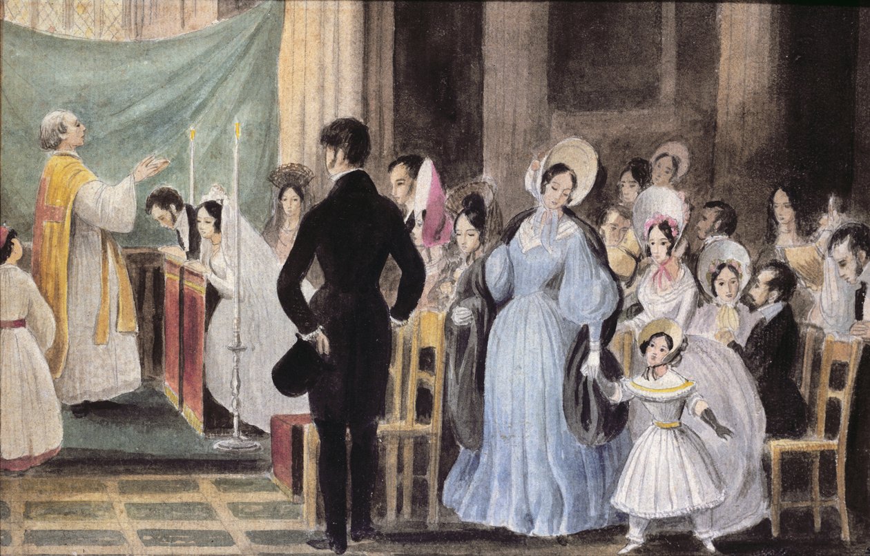 Bryllupsceremonien, ca. 1830 (wc på papir) af French School