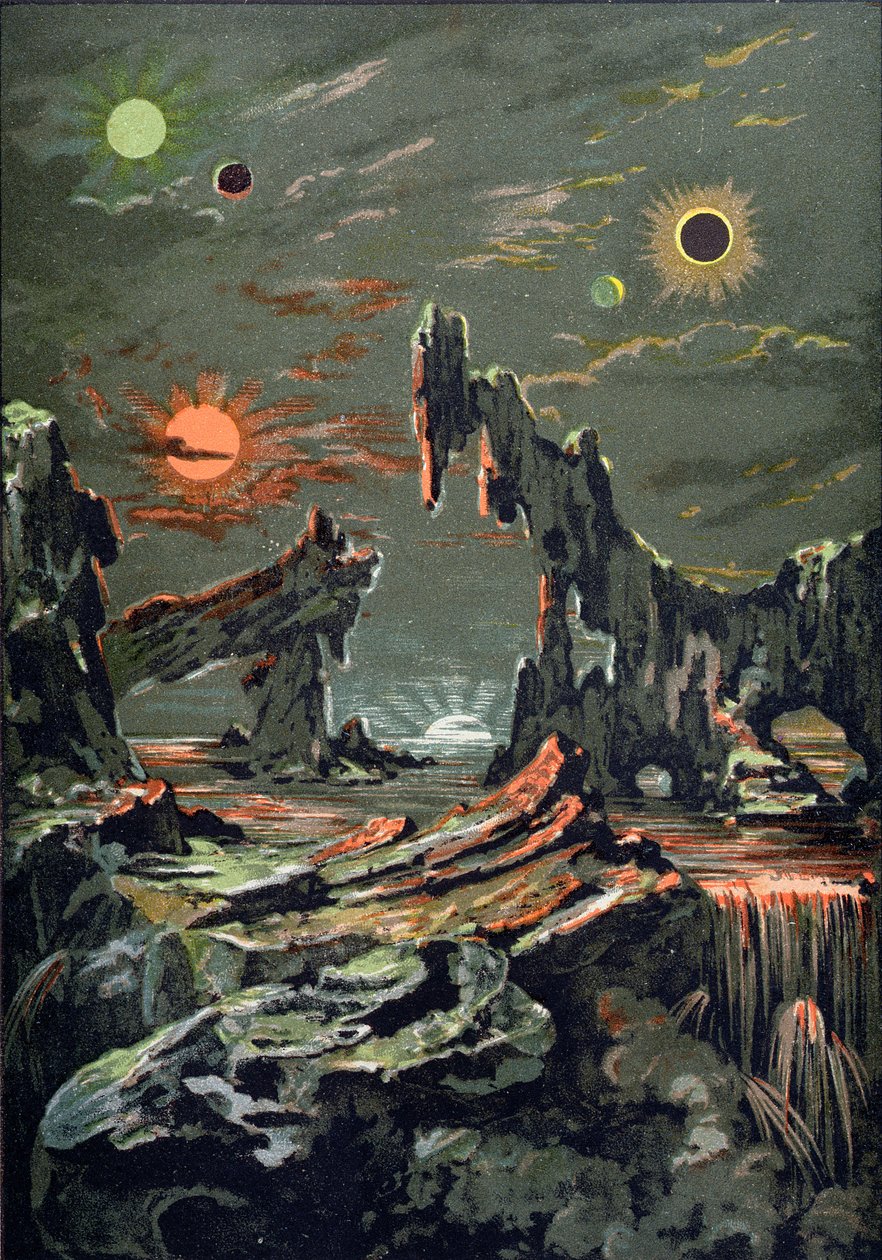 The World of Four Moons and Four Suns, illustration fra Astronomie Populaire skrevet af Camille Flammarion (1842-1925) 1881 af French School