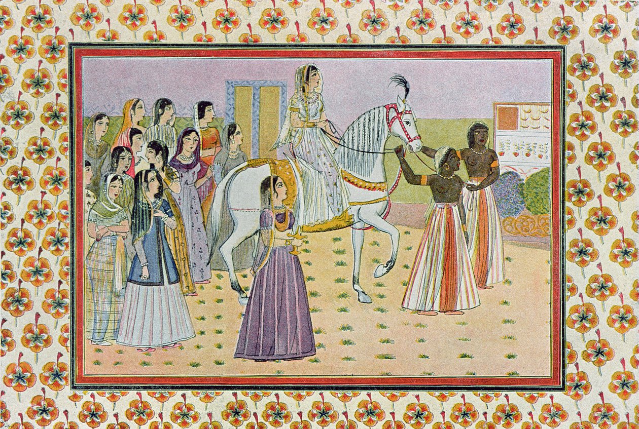 Den unge pige med et månelignende ansigt rider på en hvid hest, illustration fra The Arabian Nights, 1895 (farvegravering) af French School