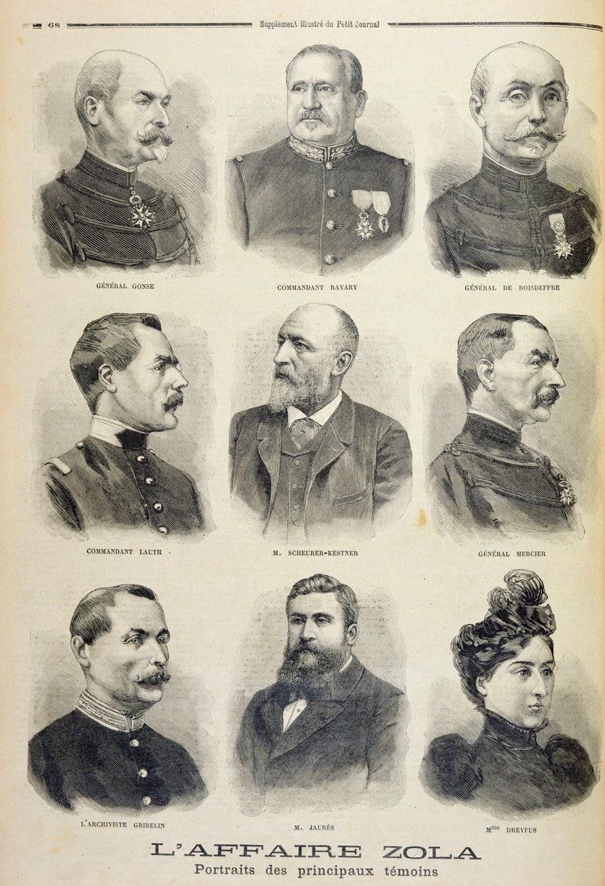 Zola-affæren: portrætter af hovedvidnerne, illustration fra det illustrerede supplement til Le Petit Journal, 27. februar, 1898 (litho) af French School