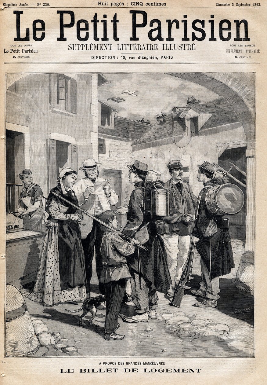 Indkvarteringsbilletten, der giver ret til en seng og et stearinlys, uddeles til soldaterne efter deres øvelser og store manøvrer. En af avisen "Le petit Parisien"" den 3/09/1893 (gravering) af French School