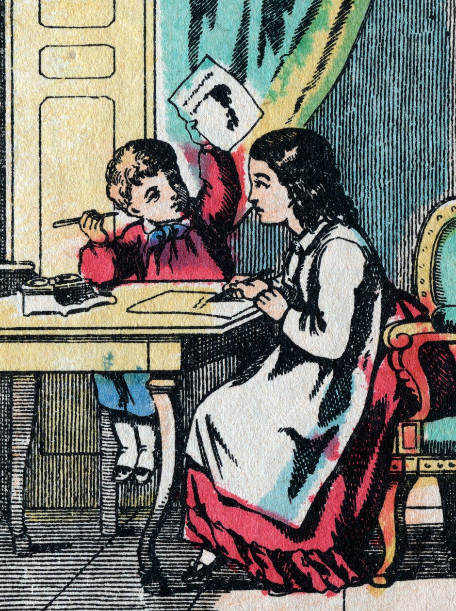 Aktiviteterne for piger fra gode familier: at hjælpe en lillebror med lektierne - Epinalt billede - 1800-tallet (gravering) af French School