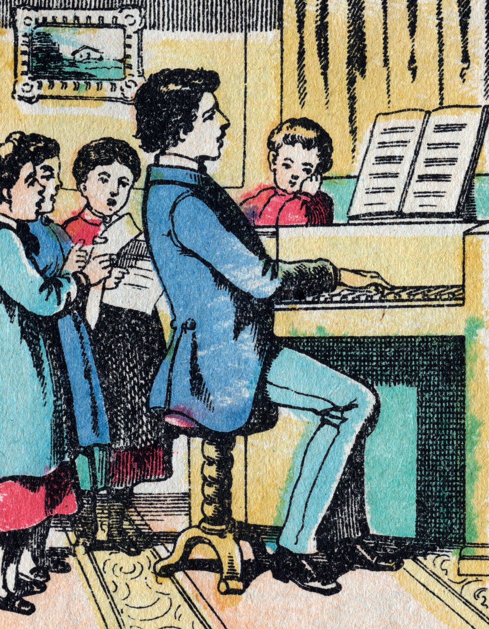 Aktiviteterne for piger fra gode familier: læring af musik - Epinalt billede - 1800-tallet (gravering) af French School