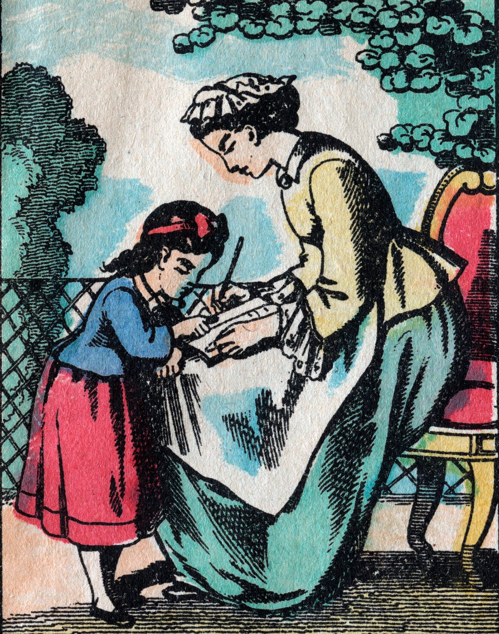 Aktiviteterne for piger fra gode familier: læsetime - Epinalt billede - 1800-tallet (gravering) af French School