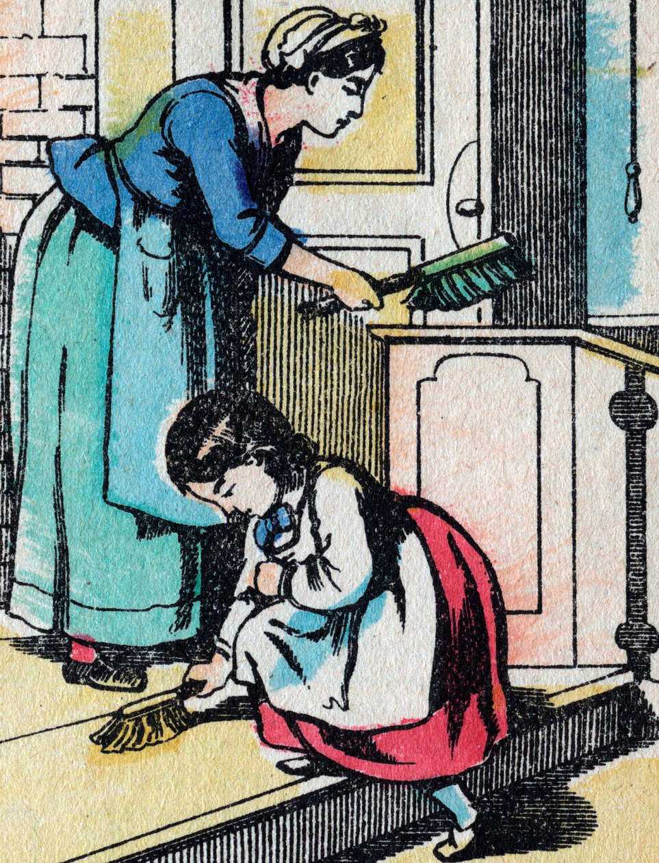 Aktiviteterne for piger fra gode familier: husarbejdet - Epinalt billede - 1800-tallet (gravering) af French School