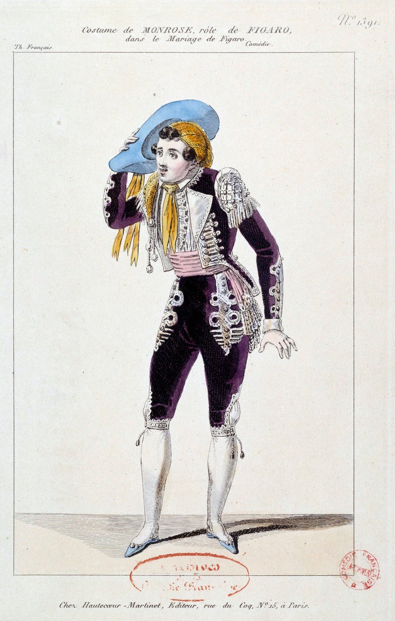 Skuespilleren Claude Louis Seraphin Barizain (eller Barisain) dit Monrose (1783-1843) i rollen som Figaro i Le mariage de Figaro”” af Pierre Augustin Caron de Beaumarchais (1732-1799) 1784 Paris, Comedie francaise af French School