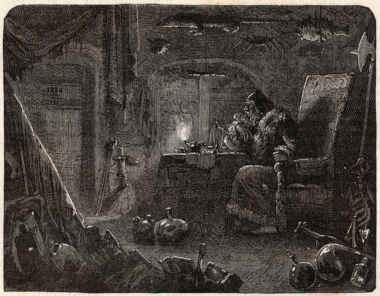 Alkymisten, der har lovet at lave guld, arbejder i sit laboratorium: Alkymisten i det 17. århundrede - i "Paris a travers les cules"" af Nicolas Jules Henri Gourdon de Kennouillac (1826-1898) af French School