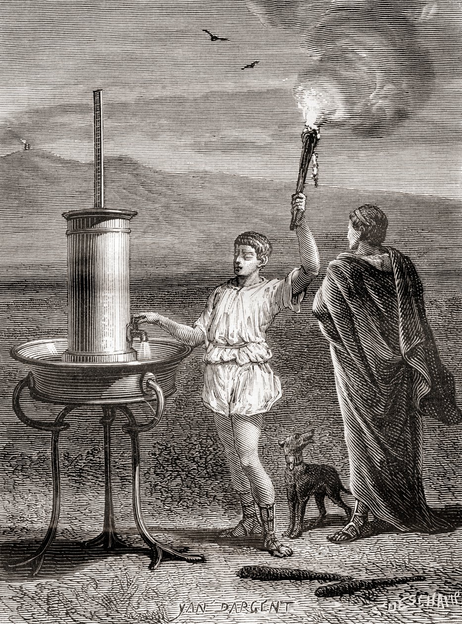 Det antikke græske hydrauliske semaforsystem, der blev brugt af Aeneas til at sende en besked, 4. århundrede f.Kr., fra Les Merveilles de la Science, udgivet ca. 1870 (gravering) af French School