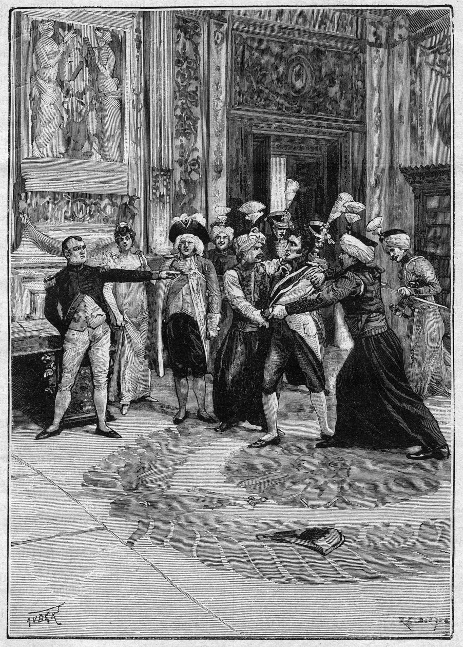 Anholdelsen af greven af Neipperg (1775-1829) efter ordre fra Napoleon 1. (1769-1821). Illustration af "Madame Sans Gene" af Victorien Sardou (1831-1908) og Emile Moreau (1852-1922). Indgravering i "La gazette du dimanche"" af 21. november 1895. af French School