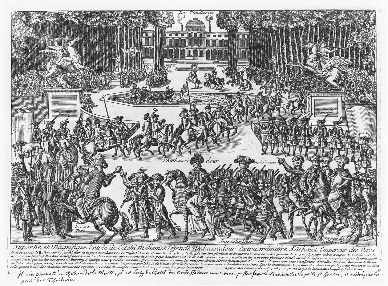 Ankomsten af Mehmed Celebi Efendi, ambassadør for Sultan Ahmed III af Tyrkiet, til Tuilerierne for at blive modtaget af Ludvig XV i 1721 (gravering) af French School