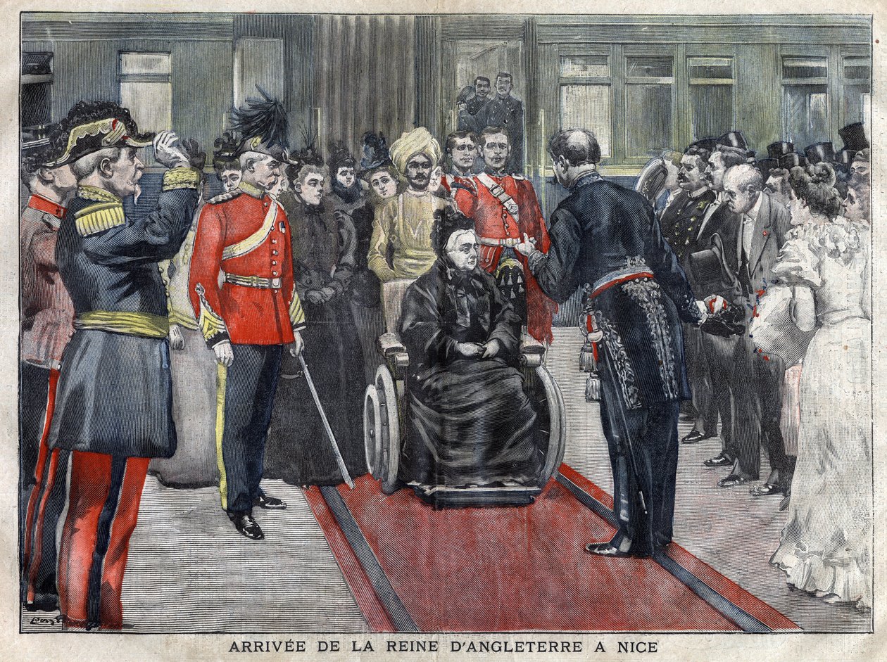 Ankomsten af dronningen af England, Victoria (1837-1901) til Nice i 1899. Indgravering af 1899 i "" La petite Gironde"" af French School