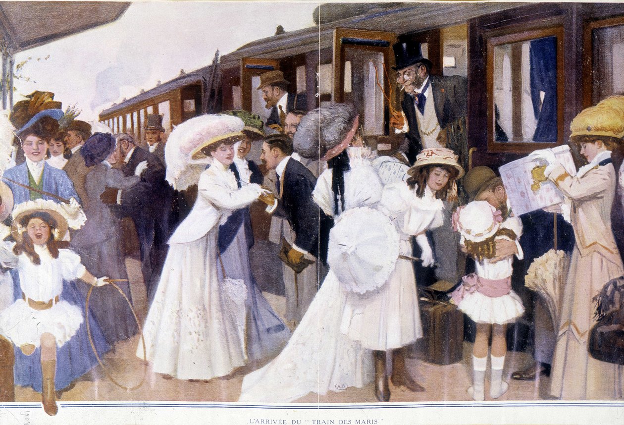 Ankomsten af "" Train of Husbands", afb. 20. århundrede. af French School