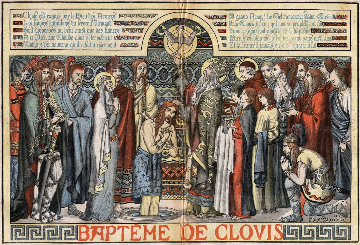 Dåben af Clovis 1. (466-511) i Reims, 25. december 496. illustration af MALATESTA (MALTESTE Henri Theodore) i "" Le Pelerin"" af 23. august af French School