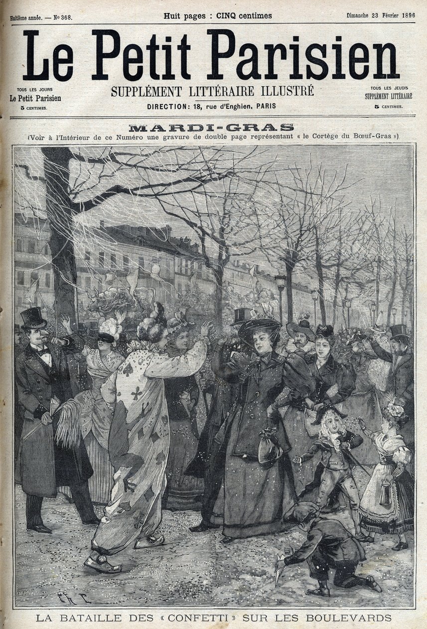Slaget om konfetti på den parisiske boulevard under Mardi Gras (Mardi-Gras). Gravering i "Le petit Parisien"" af French School