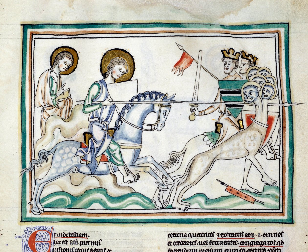 Kampen med dragen har syv hoveder: riddere kæmper mod en drage med flere hoveder, med spyd, der inkarnerer de syv konger. Miniature taget fra "The Apocalypse of Cambrai"" oplyst af den franske skole i det 13. århundrede. Frk. 422. Kommunebibliotekar af French School