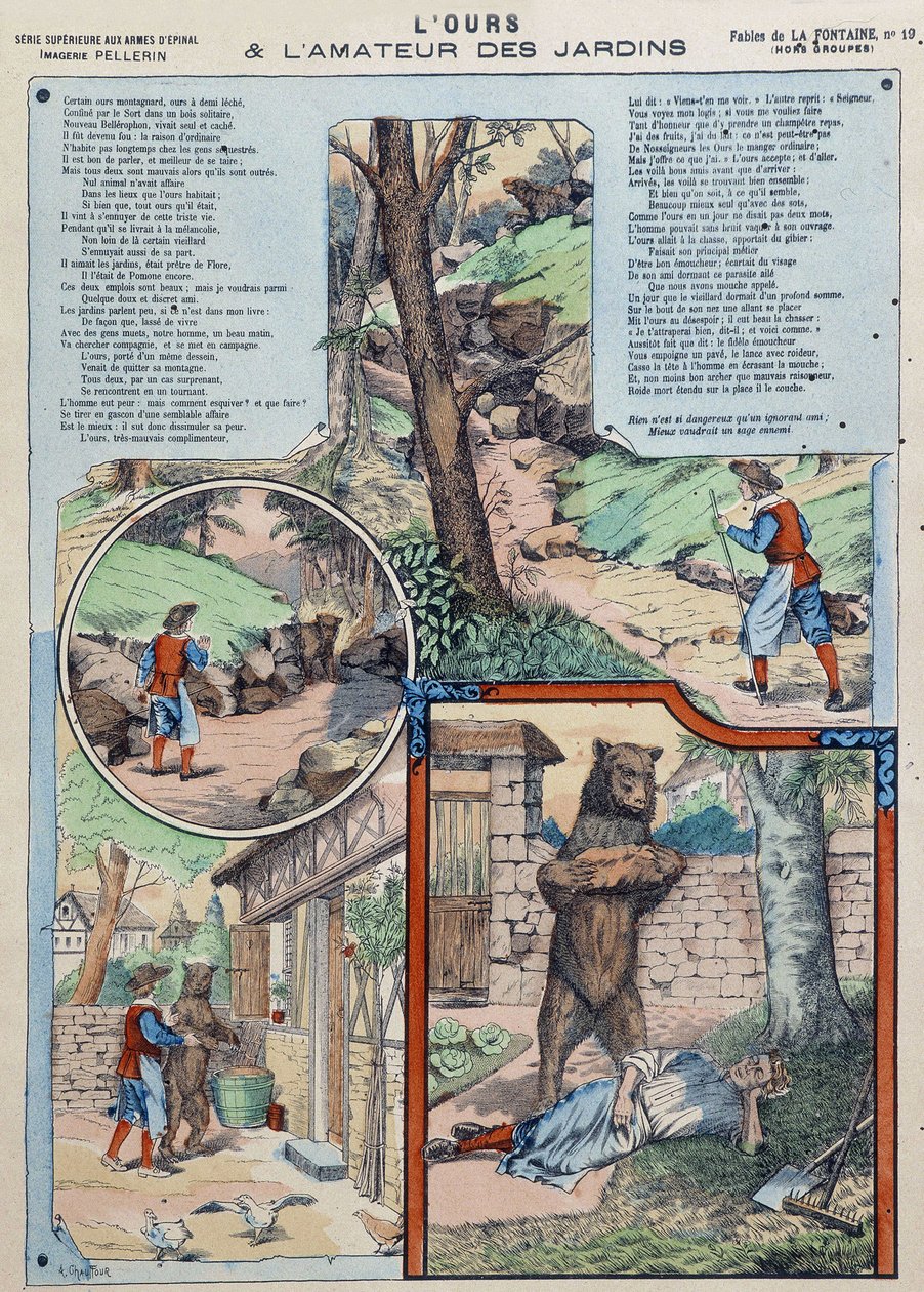 Bjørnen og haveelskeren - Fables de La Fontaine i billeder af Epinal af French School