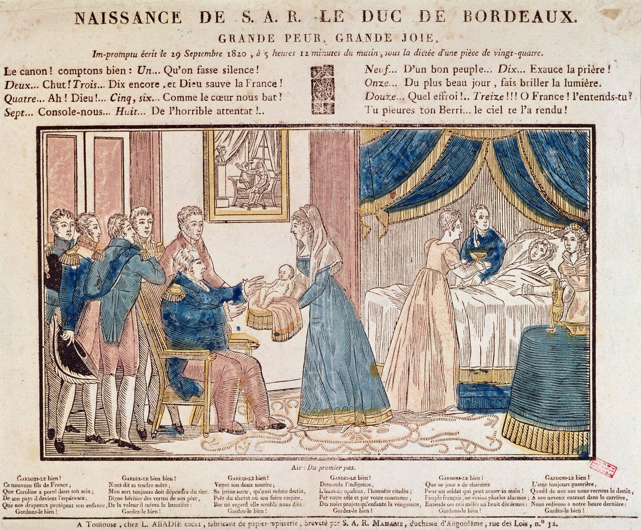 Henri Charles Ferdinand Marie Dieudonne de Frances fødsel, Duc de Bordeaux, Comte de Chambord den 29. september 1820 (farvet træstik) af French School