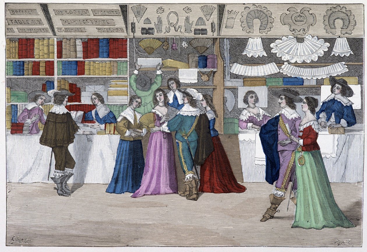 Butikkerne i galleriet i retsbygningen under Ludvig XIII - i "Paris gennem århundrederne"" af French School
