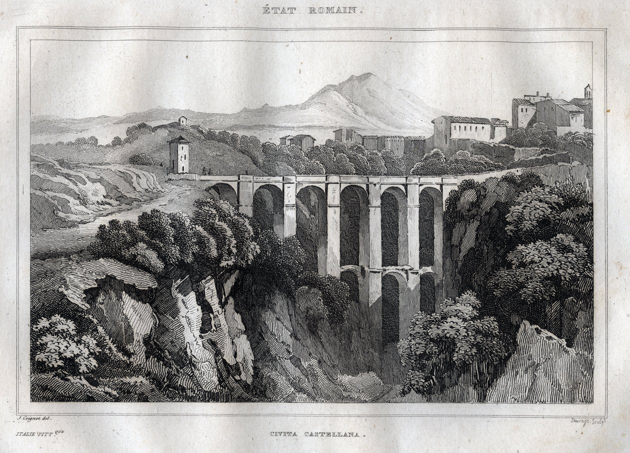 Broen har dobbelte arkader - CIVITA CASTELLANA - Provinsen Viterbo - Italien - Indgravering fra "" Italy Picturesque" - Historisk og beskrivende maleri af Italien"" af M. de Norvins, Ch. Nodier 1834-1836. af French School