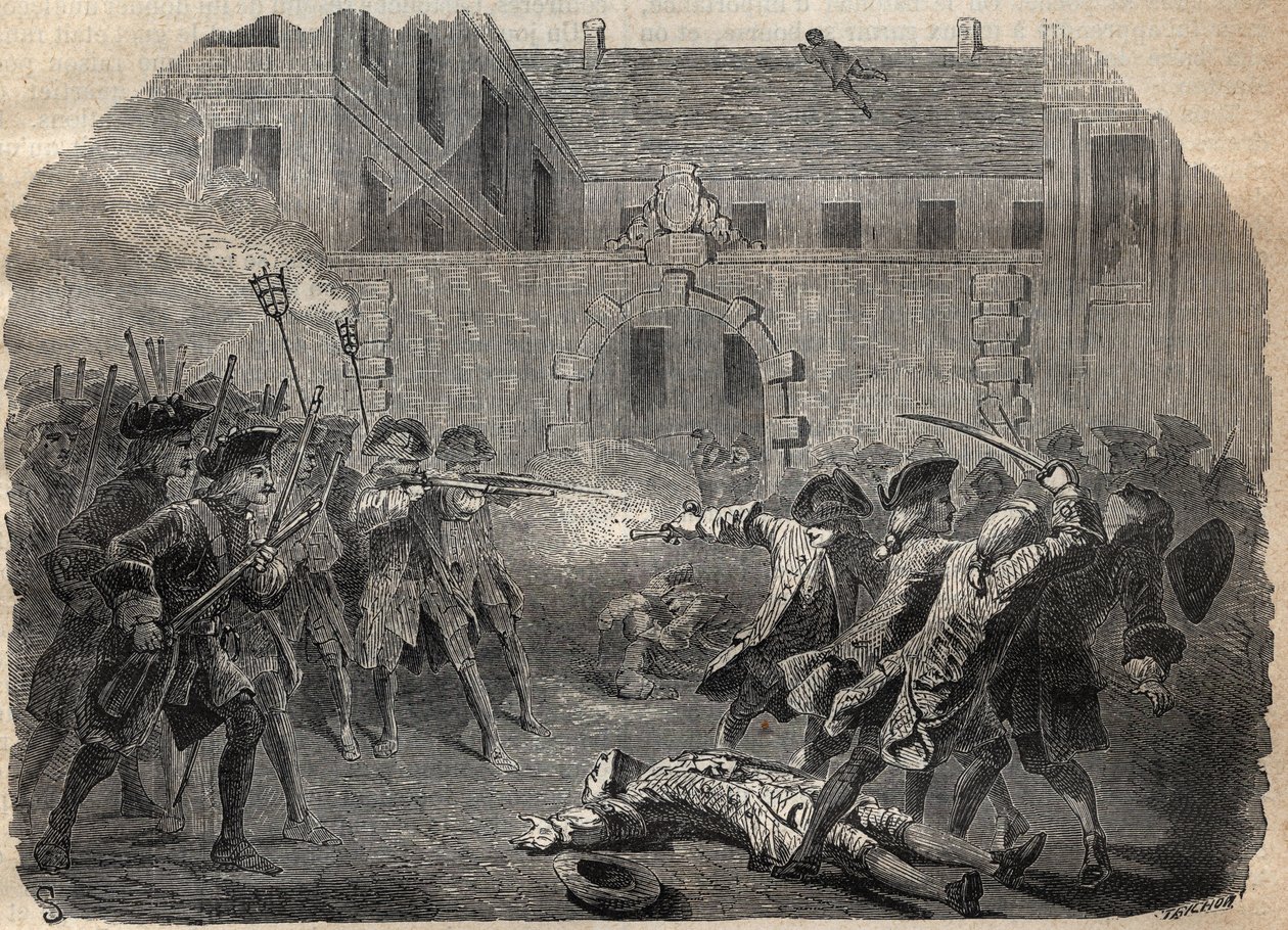 Briganden Louis Dominique Garthausen dit Cartridge (1693-1721) og hans kammerater, der skal gøre hotel Desmaretz i Paris, overrasket og angrebet af bueskytterne efter en hård kamp, de flygter gennem tagene - den franske brigand Louis Domini af French School